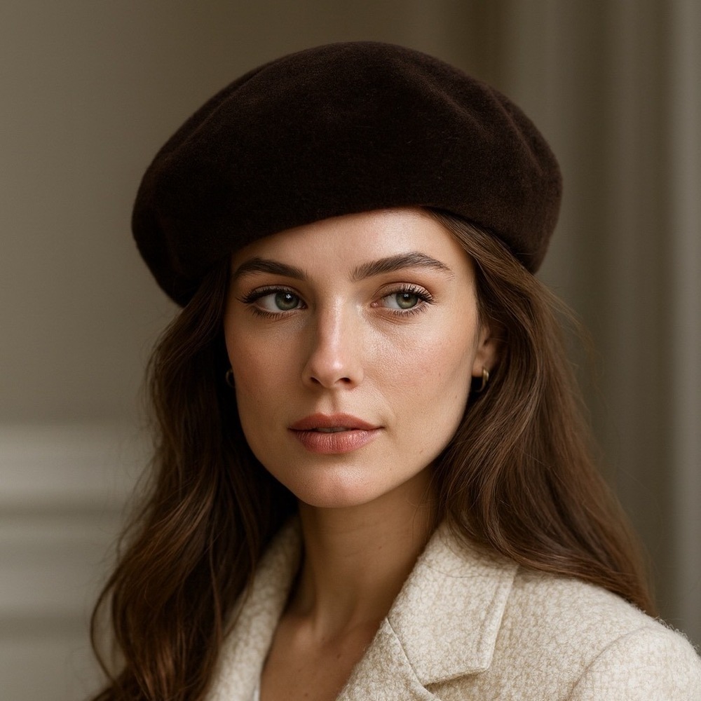 Jacques Ferber Beret Hat Women OS Dark Brown Faux Fur Lined Winter Warm Chic